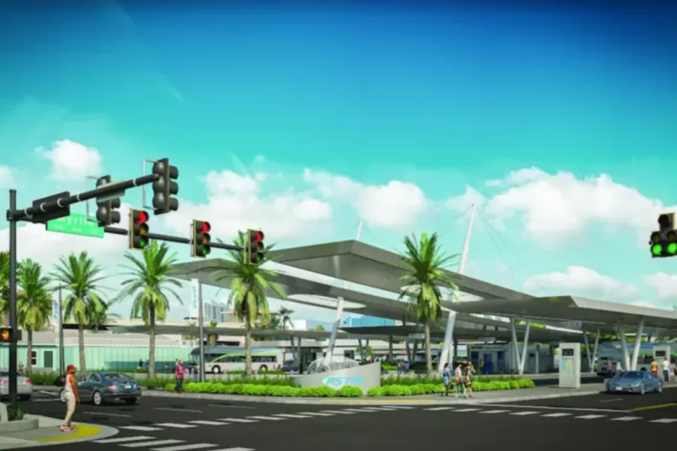 A conceptual rendering of a large bus and transit hub in Clearwater, Florida.